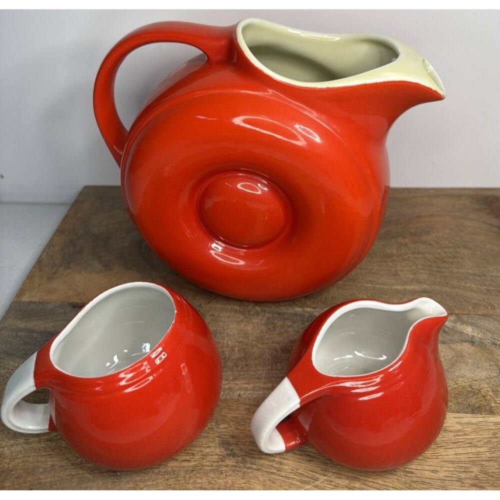 Vintage Hall Donut Pitcher Bright Red With Ice Lip + Creamer & Sugar Set MINT